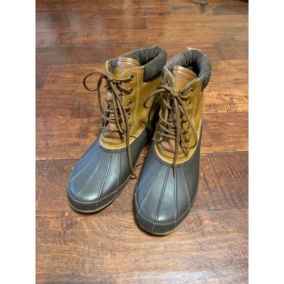 Tommy Hilfiger Two Tone Brown Leather & Rubber Charlie Laced Duck Boots Sz 11 - Picture 1 of 10